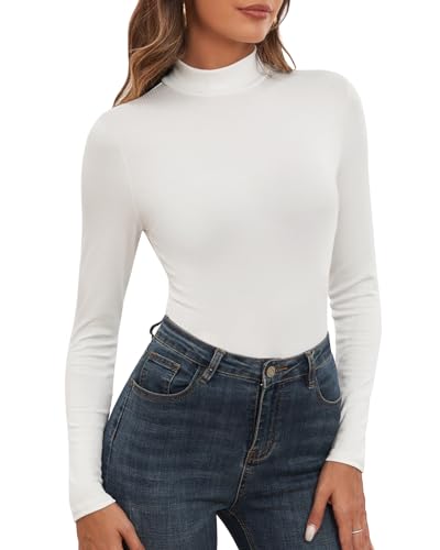 WOWENY Damen Stehkragen Langarmshirt Gerippt Rollkragenshirt Rolli Langarm Rollkragen Oberteil Unterziehrolli Elegant Basic Turtleneck Top[Weiß, von WOWENY