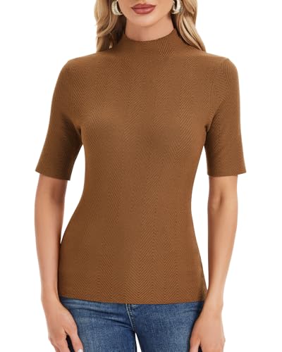 WOWENY Damen Kurzarm Strickpullover Rollkragen 1/2 Arm Casual Rolli Elegante Sweateshirt Pullover Basic Oberteile Stehkragen T-Shirt,Braun,L von WOWENY
