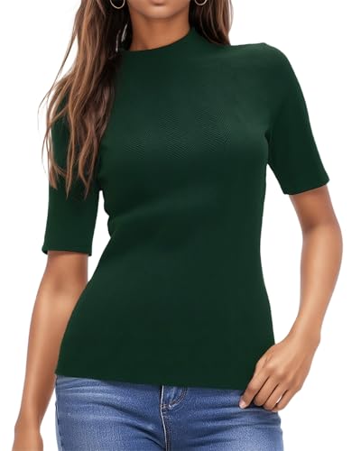 WOWENY Damen Kurzarm Strickpullover Rollkragen 1/2 Arm Casual Rolli Elegante Sweateshirt Pullover Basic Oberteile Stehkragen T-Shirt,Grün,L von WOWENY