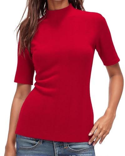WOWENY Damen Kurzarm Strickpullover Rollkragen 1/2 Arm Casual Rolli Elegante Sweateshirt Pullover Basic Oberteile Stehkragen T-Shirt,Rot,S von WOWENY