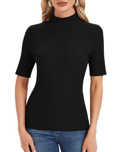 WOWENY Damen Kurzarm Strickpullover Rollkragen 1/2 Arm Casual Rolli Elegante Sweateshirt Pullover Basic Oberteile Stehkragen T-Shirt,Schwarz,L von WOWENY