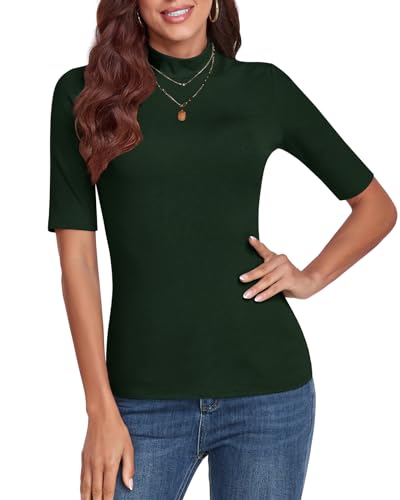 WOWENY Damen Kurzarmpullover elegant 1/2 Arm T-Shirt mit elastischem Stehkragen Rollkragen T-Shirt Baumwollen Basic Oberteile Bluse Shirt,Dunkelgrün,L von WOWENY