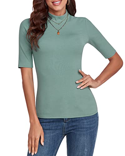 WOWENY Damen Kurzarmpullover elegant 1/2 Arm T-Shirt mit elastischem Stehkragen Rollkragen T-Shirt Baumwollen Basic Oberteile Bluse Shirt,Grün,L von WOWENY