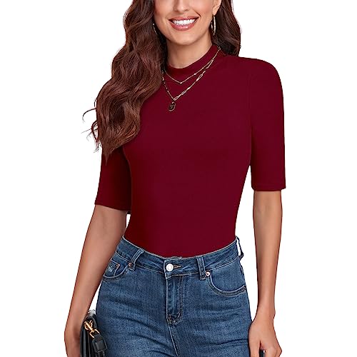 WOWENY Damen Kurzarmpullover elegant 1/2 Arm T-Shirt mit elastischem Stehkragen Rollkragen T-Shirt Baumwollen Basic Oberteile Bluse Shirt,Rotwein,L von WOWENY