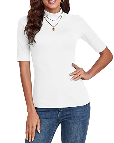 WOWENY Damen Kurzarmpullover elegant 1/2 Arm T-Shirt mit elastischem Stehkragen Rollkragen T-Shirt Baumwollen Basic Oberteile Bluse Shirt,Weiß,M von WOWENY