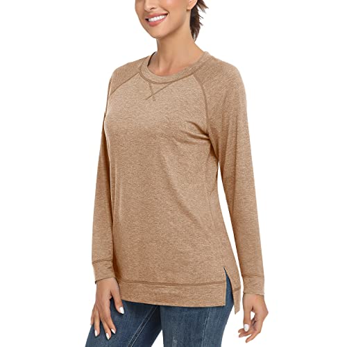 WOWENY Damen Moderne Langarm T-Shirt Casual Langarmshirt Tunika Tshirt Pullover Oberteile Locker elegant,Kaffee,S von WOWENY