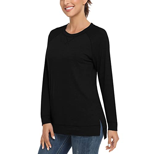 WOWENY Damen Moderne Langarm T-Shirt Casual Langarmshirt Tunika Tshirt Pullover Oberteile Locker elegant,Schwarz,S von WOWENY