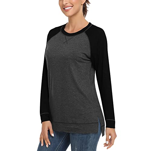 WOWENY Damen Moderne Langarm T-Shirt Casual Langarmshirt Tunika Tshirt Pullover Oberteile Locker elegant,Schwarz＆Grau,S von WOWENY