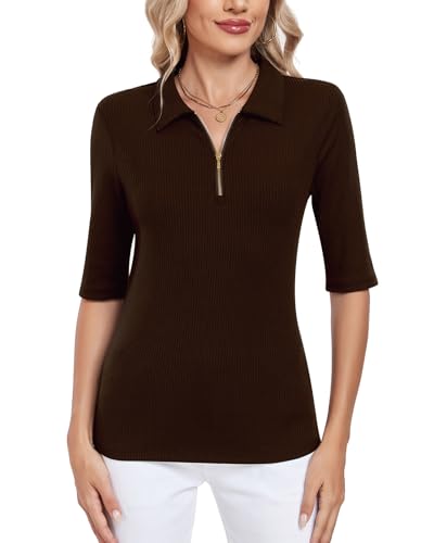 WOWENY Damen Poloshirt Halbarm Shirt Strick Oberteile Elegant Bluse V-Ausschnitt Polohemd mit 1/4 Reißverschluss Casual Tops Business Golf(Braun,M) von WOWENY