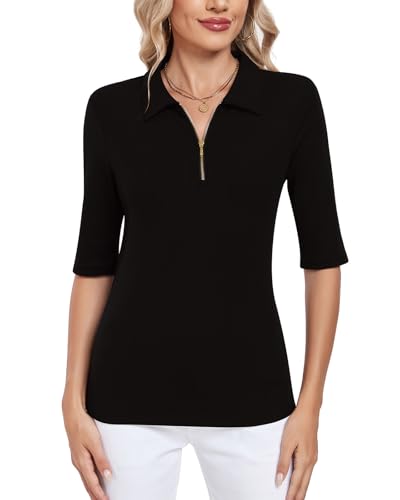 WOWENY Damen Poloshirt Halbarm Shirt Strick Oberteile Elegant Bluse V-Ausschnitt Polohemd mit 1/4 Reißverschluss Casual Tops Business Golf(Schwarz,S) von WOWENY