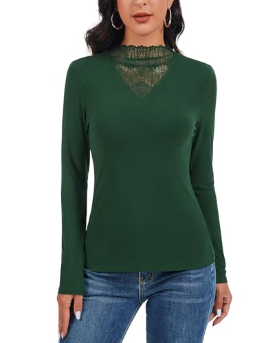 WOWENY Damen Rollkragenshirt Mit Spitze Oberteil Langarmshirt Elegant Langarm Stehkragen Unterziehshirt Slim Fit Rollkragenpullover Dünn Stretch Tops,Grün,XXL von WOWENY
