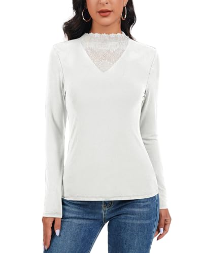 WOWENY Damen Rollkragenshirt Mit Spitze Oberteil Langarmshirt Elegant Langarm Stehkragen Unterziehshirt Slim Fit Rollkragenpullover Dünn Stretch Tops,Weiß,L von WOWENY