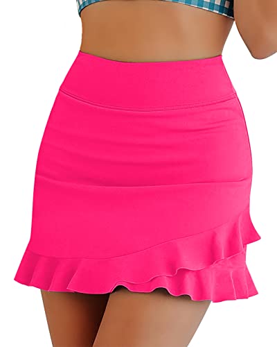 WOWENY Damen Schwimmrock Hohe Taille Rüschen Badeanzug Badeanzug Hose Badekleid Schwimmen Tankini Bikini Shorts, A02-Hot Pink, Medium von WOWENY