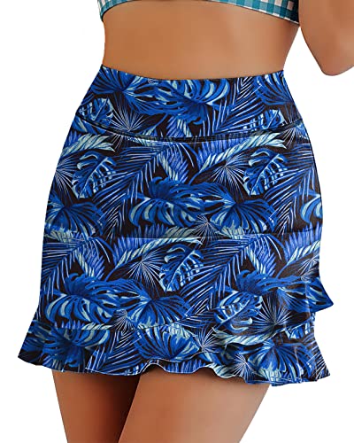 WOWENY Damen Schwimmrock Hohe Taille Rüschen Badeanzug Badeanzug Hose Badekleid Schwimmen Tankini Bikini Shorts, B03-blue Leaf, Large von WOWENY