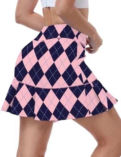 WOWENY Damen-Skorts für Tennis, Golf, athletisch, mit Taschen, hohe Taille, Workout, Laufen, Rock, Pink-blaues Argyle, Groß von WOWENY
