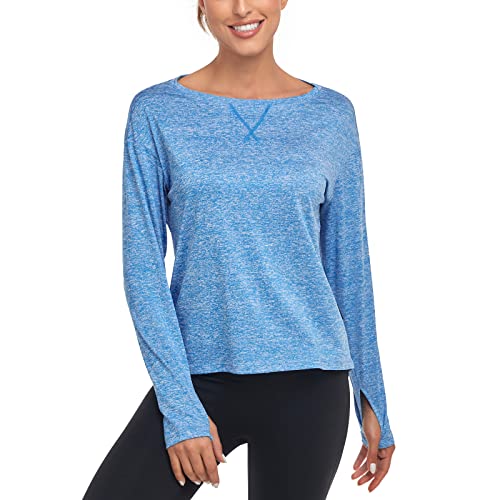 WOWENY Damen Sport Tshirt Laufshirts Top Funktionsshirt Damen Langarm Sportshirt Fitness Oberteile Sweatshirts mit Daumenloch für Workout Yoga Fitness Laufen,Blau,XL von WOWENY