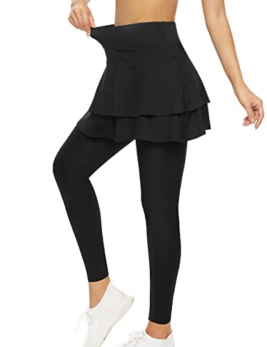 WOWENY Damen Sportskort Laufskort Leggings mit Rock Tennisröcke Hockey Rock Engen Capris Gym Knöchelläng Yoga Pants Mit Taschen und Kopfhöreranschluss,Schwarz,XXXL von WOWENY