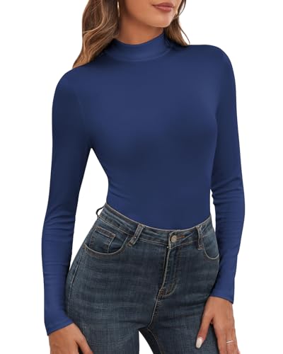 WOWENY Damen Stehkragen Langarmshirt Gerippt Rollkragenshirt Rolli Langarm Rollkragen Oberteil Unterziehrolli Elegant Basic Turtleneck Top[Blau, von WOWENY