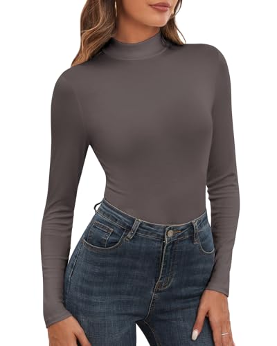 WOWENY Damen Stehkragen Langarmshirt Gerippt Rollkragenshirt Rolli Langarm Rollkragen Oberteil Unterziehrolli Elegant Basic Turtleneck Top[Dunkelgrau, XL] von WOWENY