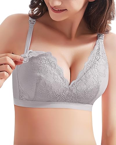 WOWENY Damen Still BH ohne Bügel Spitze Schwangerschaft BH Gepolstert Mutterschaft Bustier Bügelloser Atmungsaktiv Stillen und Schlaf für Damen(Grau, S) von WOWENY