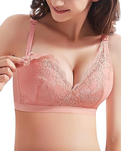 WOWENY Damen Still BH ohne Bügel Spitze Schwangerschaft BH Gepolstert Mutterschaft Bustier Bügelloser Atmungsaktiv Stillen und Schlaf für Damen(Rosa, S) von WOWENY