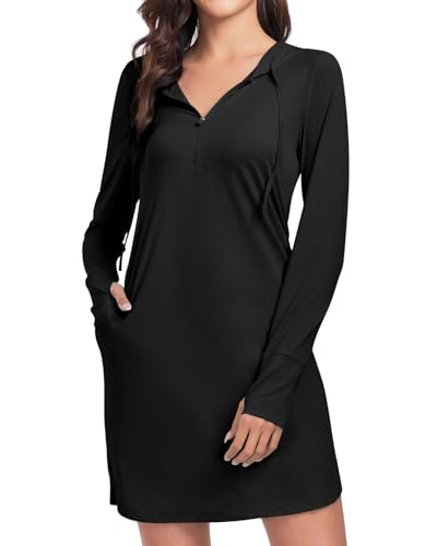 WOWENY Damen Strandkleid Bikini Cover Up Sonnenschutz Strandponcho Sommer Hoodie Mit Pockets und Kapuze Sport Bademode Lightweight Shirt,Schwarz,XL von WOWENY