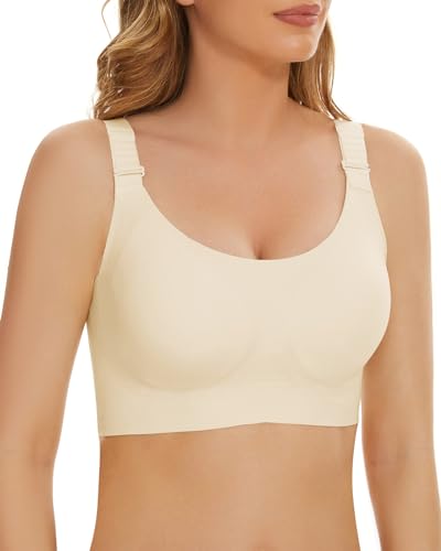 WOWENY Damen Stützender BH ohne Bügel Starker Halt Komfort Minimizer Bustier Push Up Gepolstert Vollschalen BHS Verstellbare Schultergurte Vorne[Elfenbein, XXL] von WOWENY