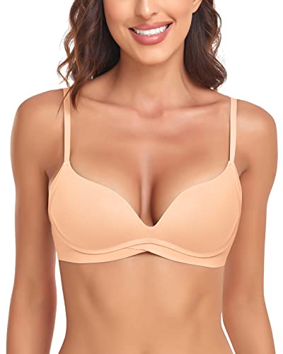 WOWENY Damen T-Shirt BH mit Push Up Gepolstert Bralette BHS ohne Bügel Nahtloser Bequemer für Kleine Brüste (Beige, L) von WOWENY