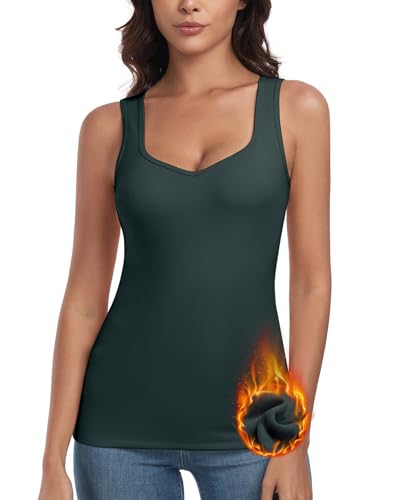 WOWENY Damen Tank Top Thermo Basic Ärmellose Gerippt Winter Thermohemd Warme Vest Unterhemd Camisole Unterwäsche Fleece Shirt für Alltag,Dunkelgrün,M von WOWENY
