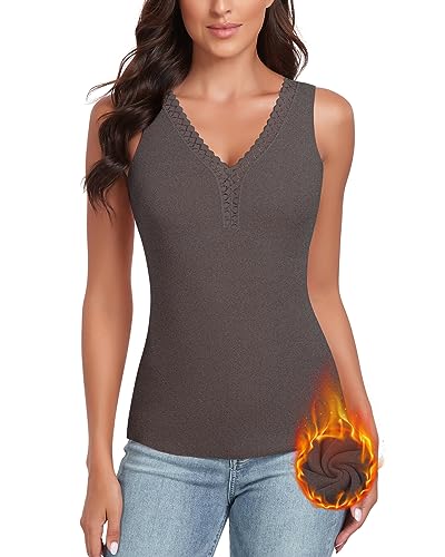 WOWENY Damen Tank Top mit Spitze Thermo Ärmellose Winter Thermohemd V-Ausschnitt Warme Vest Unterhemd Camisole Unterwäsche Fleece Shirt,Dunkelgrau,XS von WOWENY