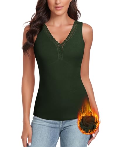 WOWENY Damen Tank Top mit Spitze Thermo Ärmellose Winter Thermohemd V-Ausschnitt Warme Vest Unterhemd Camisole Unterwäsche Fleece Shirt,Dunkelgrün,L von WOWENY