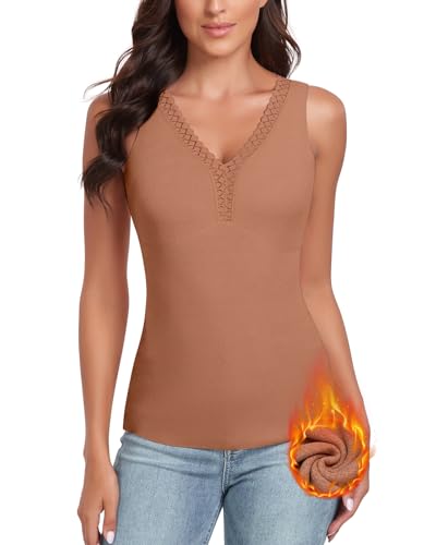 WOWENY Damen Tank Top mit Spitze Thermo Ärmellose Winter Thermohemd V-Ausschnitt Warme Vest Unterhemd Camisole Unterwäsche Fleece Shirt,Kakao,L von WOWENY