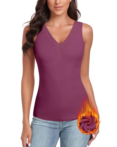 WOWENY Damen Tank Top mit Spitze Thermo Ärmellose Winter Thermohemd V-Ausschnitt Warme Vest Unterhemd Camisole Unterwäsche Fleece Shirt,Lila,L von WOWENY