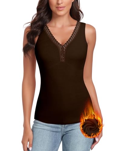 WOWENY Damen Tank Top mit Spitze Thermo Ärmellose Winter Thermohemd V-Ausschnitt Warme Vest Unterhemd Camisole Unterwäsche Fleece Shirt,Mocha,M von WOWENY