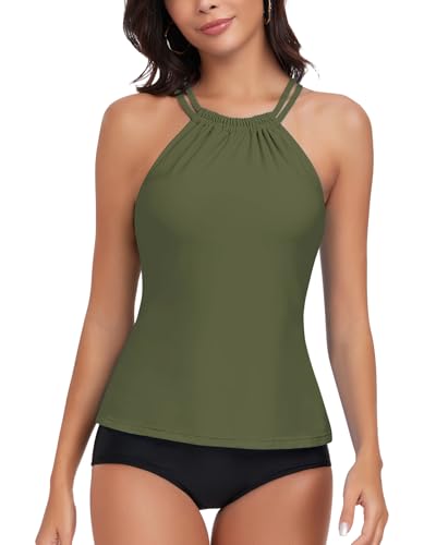 WOWENY Damen Tankini Oberteil Bikini Tank Top Bademode Crossback Strappy Swim Top Oberteil Schnell Trocknend Sommer Padded Swimsuit Shirt,M,Olivgrün von WOWENY