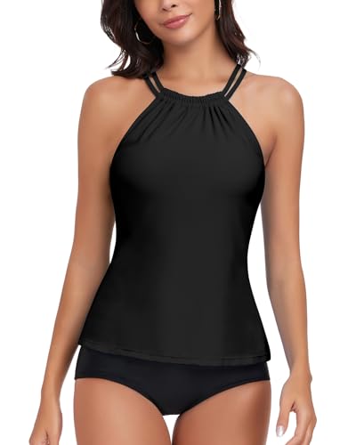 WOWENY Damen Tankini Oberteil Bikini Tank Top Bademode Crossback Strappy Swim Top Oberteil Schnell Trocknend Sommer Padded Swimsuit Shirt,M,Schwarz von WOWENY