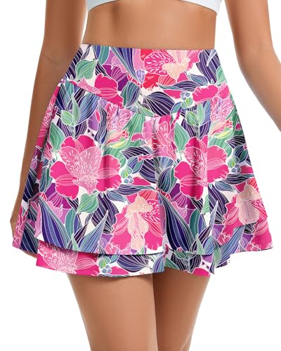 WOWENY Damen Tennis Rock mit Hose Drunter Hosenrock Damen Sommer A Linie Sportrock Wanderrock Pleated Golfrock Bunter Blumendruck L von WOWENY