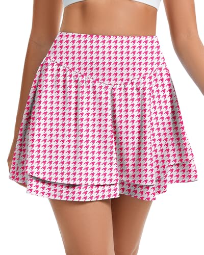 WOWENY Damen Tennis Rock mit Hose Drunter Hosenrock Damen Sommer A Linie Sportrock Wanderrock Pleated Golfrock Rosenrot Hahnentrittmuster L von WOWENY