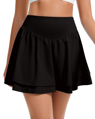 WOWENY Damen Tennis Rock mit Hose Drunter Hosenrock Damen Sommer A Linie Sportrock Wanderrock Pleated Golfrock Schwarz XL von WOWENY