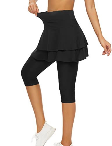 WOWENY Damen Tennisrock mit Leggings Sportskort Laufskort Hosenrock 3/4 läng mit Taschen Capris Tennisbekleidung 2-in-1,Schwarz,M von WOWENY