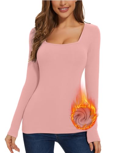 WOWENY Damen Thermo-Langarm-Shirt, Fleece-gefüttert, enge Unterhemden, Basic Fitted Tops, quadratischer Ausschnitt, Winter-Baselayer, Pink, Mittel von WOWENY