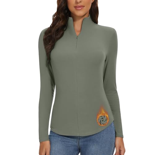 WOWENY Damen Thermo Langarmshirt 1/4 Reißverschluss Fleece Gefüttert Oberteil Stehkragen Pullover Half Zip Sweatshirt Warm Langarm Tops Grün,S von WOWENY