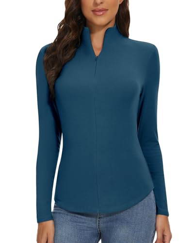WOWENY Damen Thermo Langarmshirt 1/4 Reißverschluss Fleece Gefüttert Oberteil Stehkragen Pullover Half Zip Sweatshirt Warm Langarm Tops blau,M von WOWENY