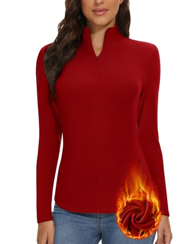 WOWENY Damen Thermo Langarmshirt 1/4 Reißverschluss Fleece Gefüttert Oberteil Stehkragen Pullover Half Zip Sweatshirt Warm Langarm Tops dunkelrot,S von WOWENY