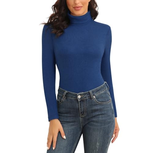 WOWENY Damen Thermo Rolli Langarm Warm Blau Oberteil Winter Rollkragenpullover Elegant Fleece Shirt Unterhemd Bequem Leicht(helles Marineblau, L) von WOWENY