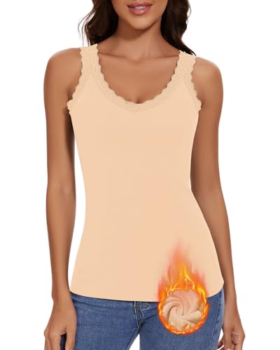 WOWENY Damen Thermo Unterhemd mit Spitze Oberteil Ärmellos Spitzentop Tank Top Warm V Ausschnitt Fleece Elegant Shirt[Beige,L] von WOWENY