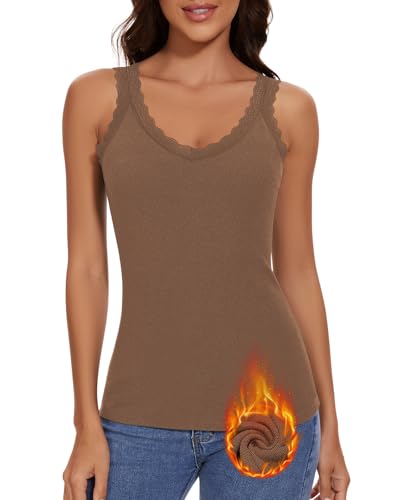 WOWENY Damen Thermo Unterhemd mit Spitze Oberteil Ärmellos Spitzentop Tank Top Warm V Ausschnitt Fleece Elegant Shirt[Braun,M] von WOWENY