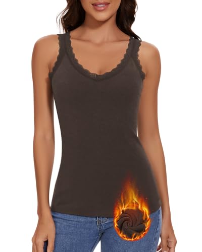 WOWENY Damen Thermo Unterhemd mit Spitze Oberteil Ärmellos Spitzentop Tank Top Warm V Ausschnitt Fleece Elegant Shirt[Dunkelgrau,S] von WOWENY