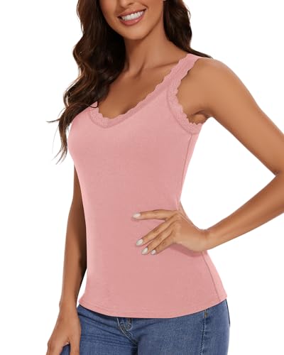 WOWENY Damen Thermo Unterhemd mit Spitze Untershirt Ärmellos Cami Tank Top Warm V Ausschnitt Camisole Fleece Elegant Spitzentop[Rosa,L] von WOWENY