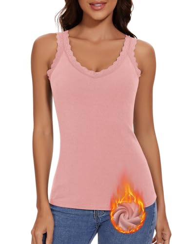 WOWENY Damen Thermo Unterhemd mit Spitze Untershirt Ärmellos Cami Tank Top Warm V Ausschnitt Camisole Fleece Elegant Spitzentop[Rosa,L] von WOWENY